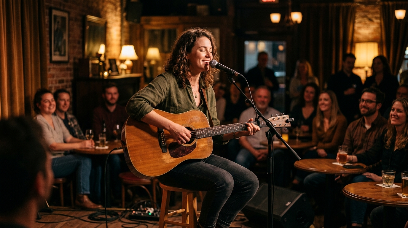 Charismatic female solo musician performing live on stage with acoustic guitar under warm venue lights