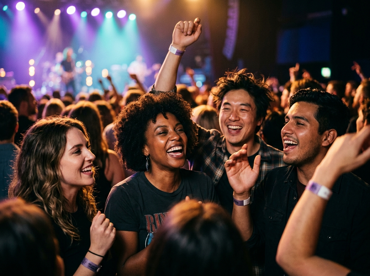 Enthusiastic music fans laughing and smiling together in an intimate venue crowd